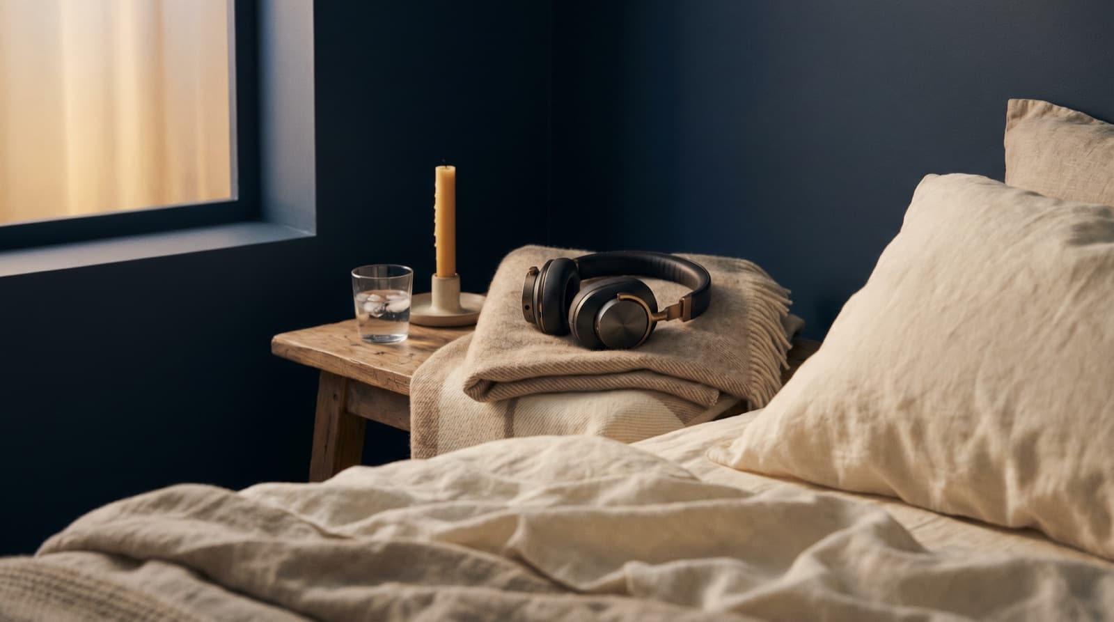 Soft-lit bedside with linen sheets, premium headphones, and an unlit candle in evening light.