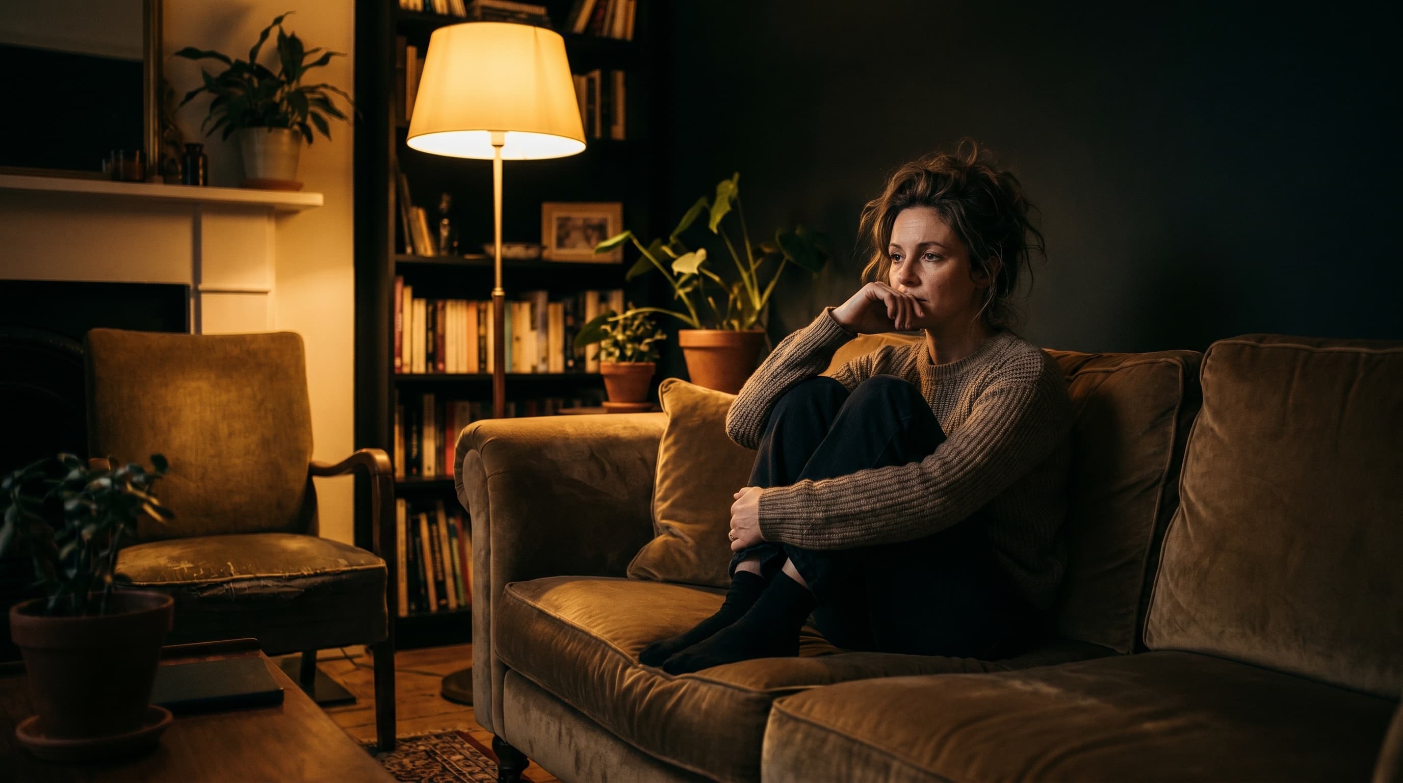 A woman sitting alone in a warm, dimly lit room, chin on her hand, lost in thought.